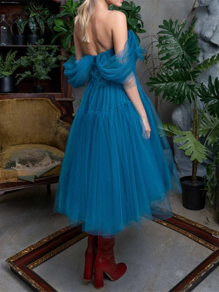 A-Line/Princess Off-The-Shoulder Short Sleeves Knee-Length Evening Dresses